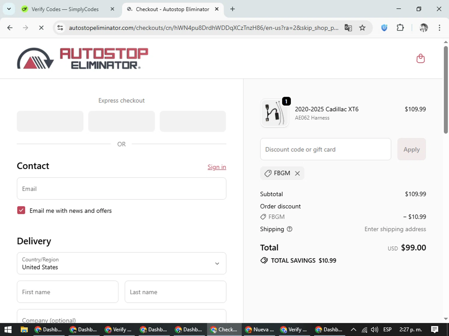 Autostop Eliminator discount code screenshot showing code FBGM applied at Autostop Eliminator checkout page. Uploaded by SimplyCodes community member CleverLegend6607 on Nov 2, 2025