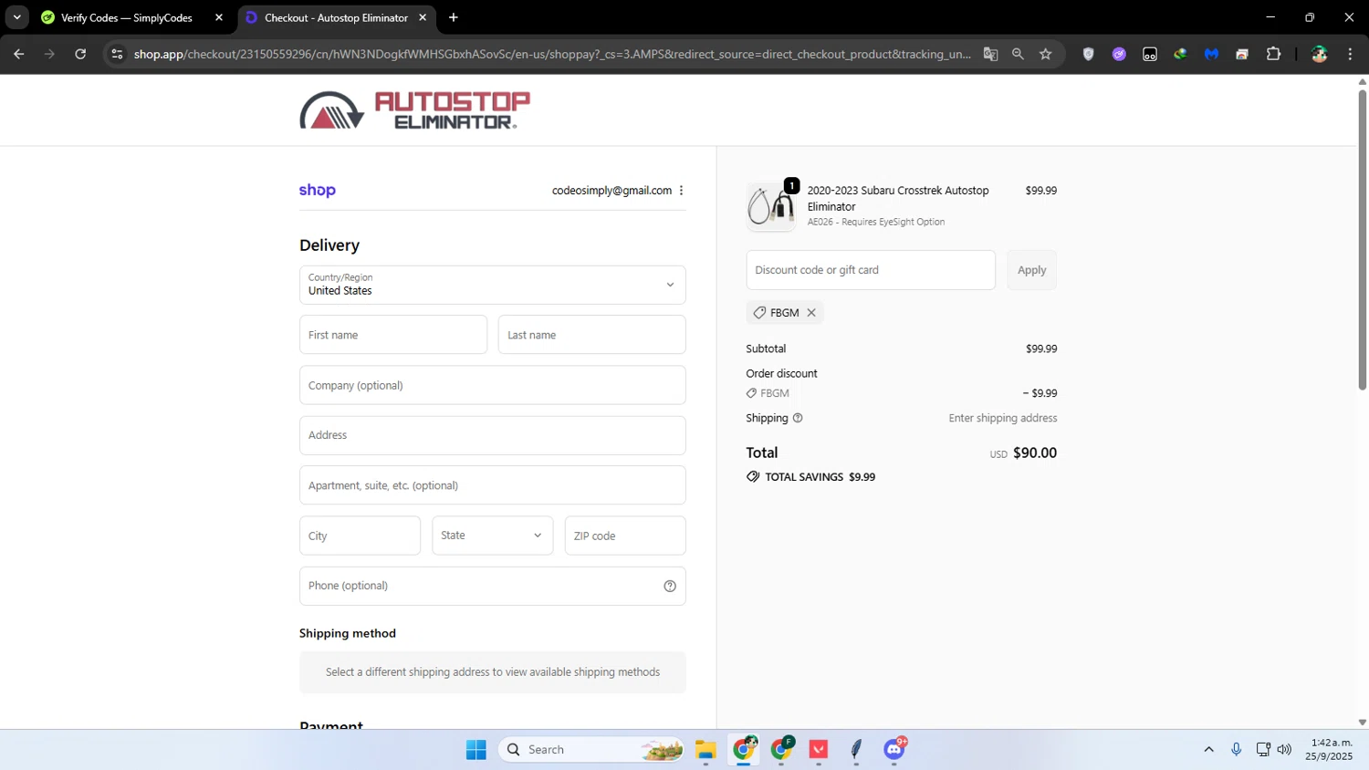 Autostop Eliminator discount code screenshot showing code FBGM applied at Autostop Eliminator checkout page. Uploaded by SimplyCodes community member franalepe on Sep 25, 2025