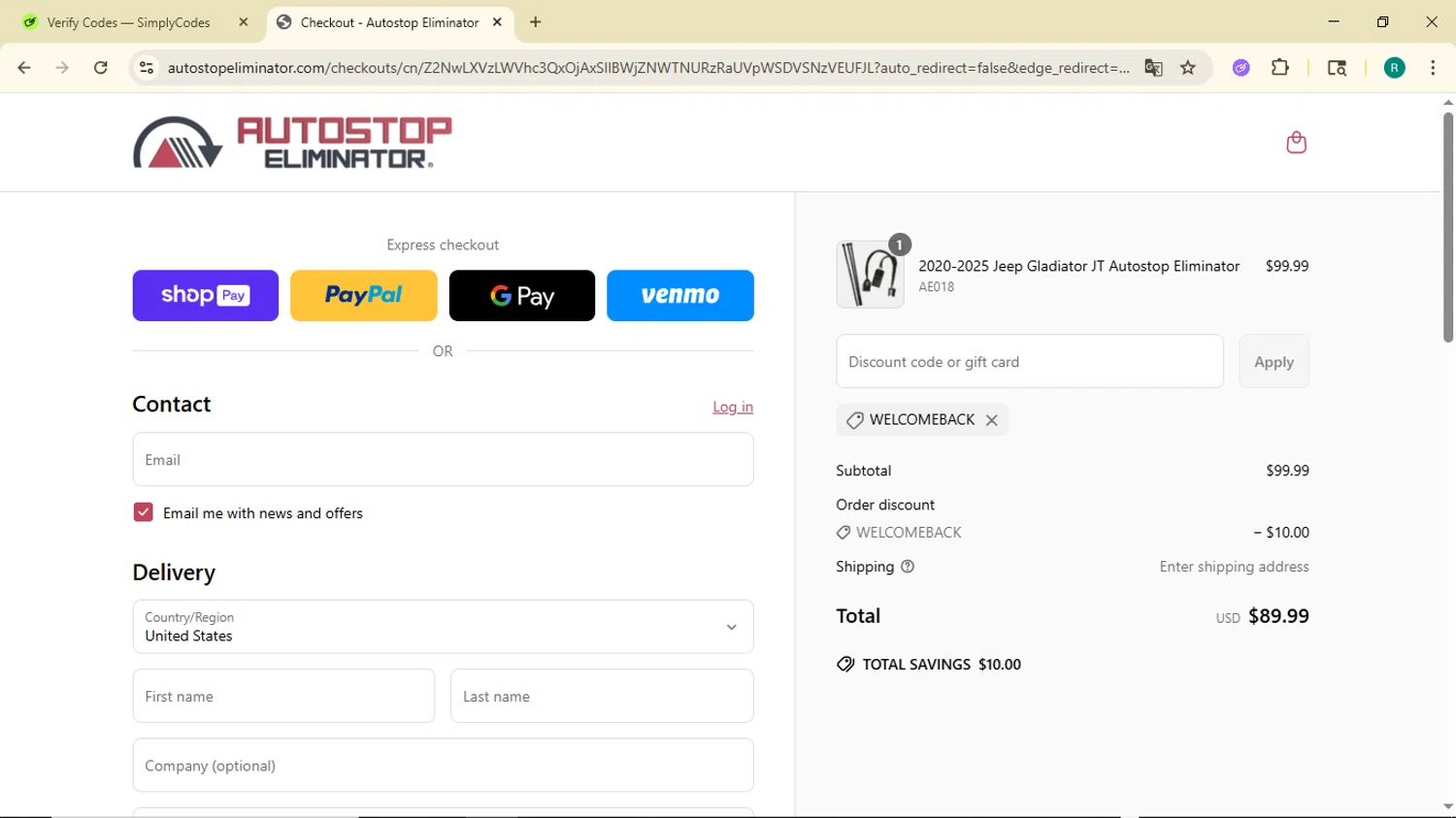 Autostop Eliminator discount code screenshot showing code WELCOMEBACK applied at Autostop Eliminator checkout page. Uploaded by SimplyCodes community member BargainMonarch6495 on Jun 22, 2025