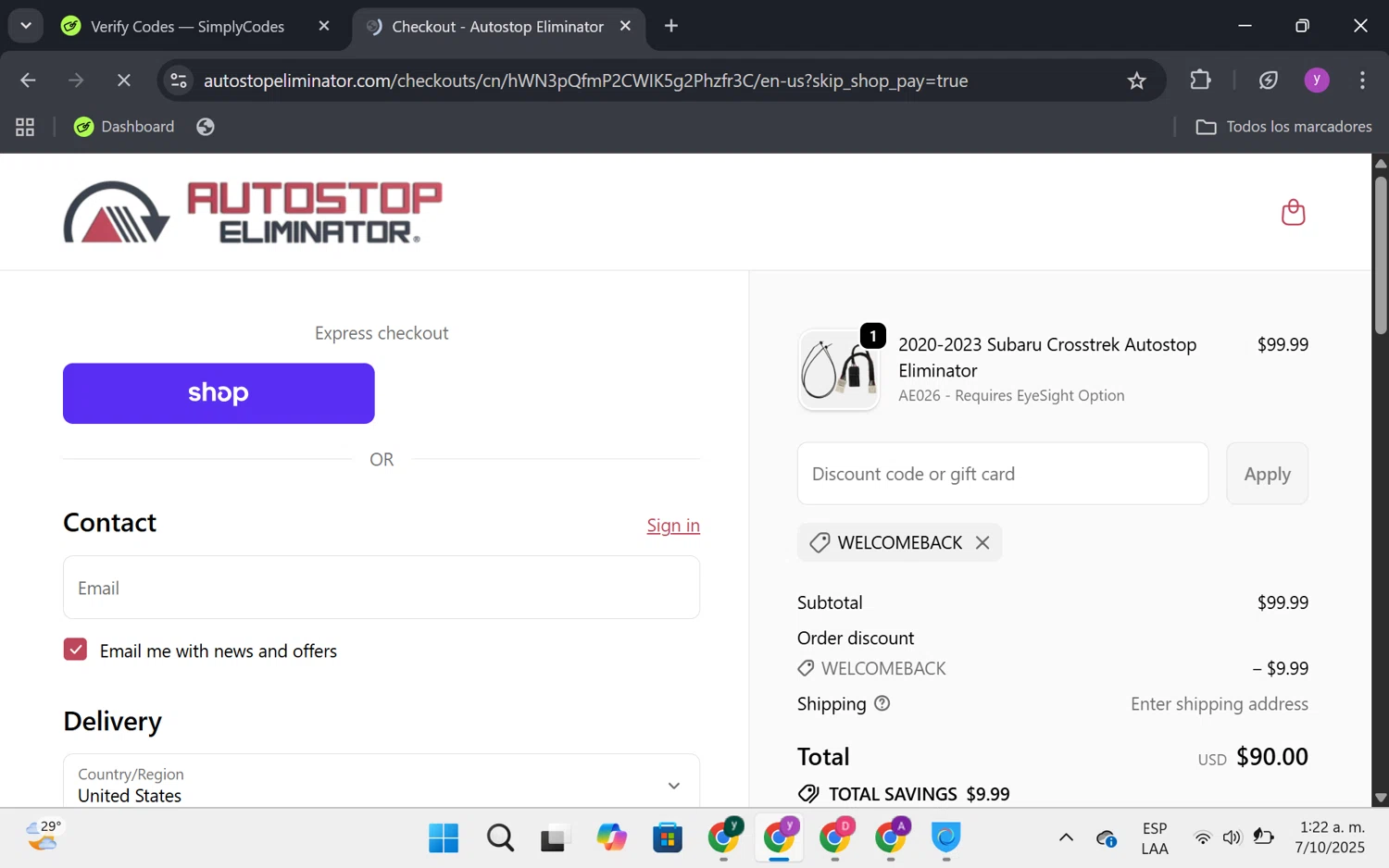 Autostop Eliminator discount code screenshot showing code WELCOMEBACK applied at Autostop Eliminator checkout page. Uploaded by SimplyCodes community member FrugalKnight6753 on Oct 7, 2025