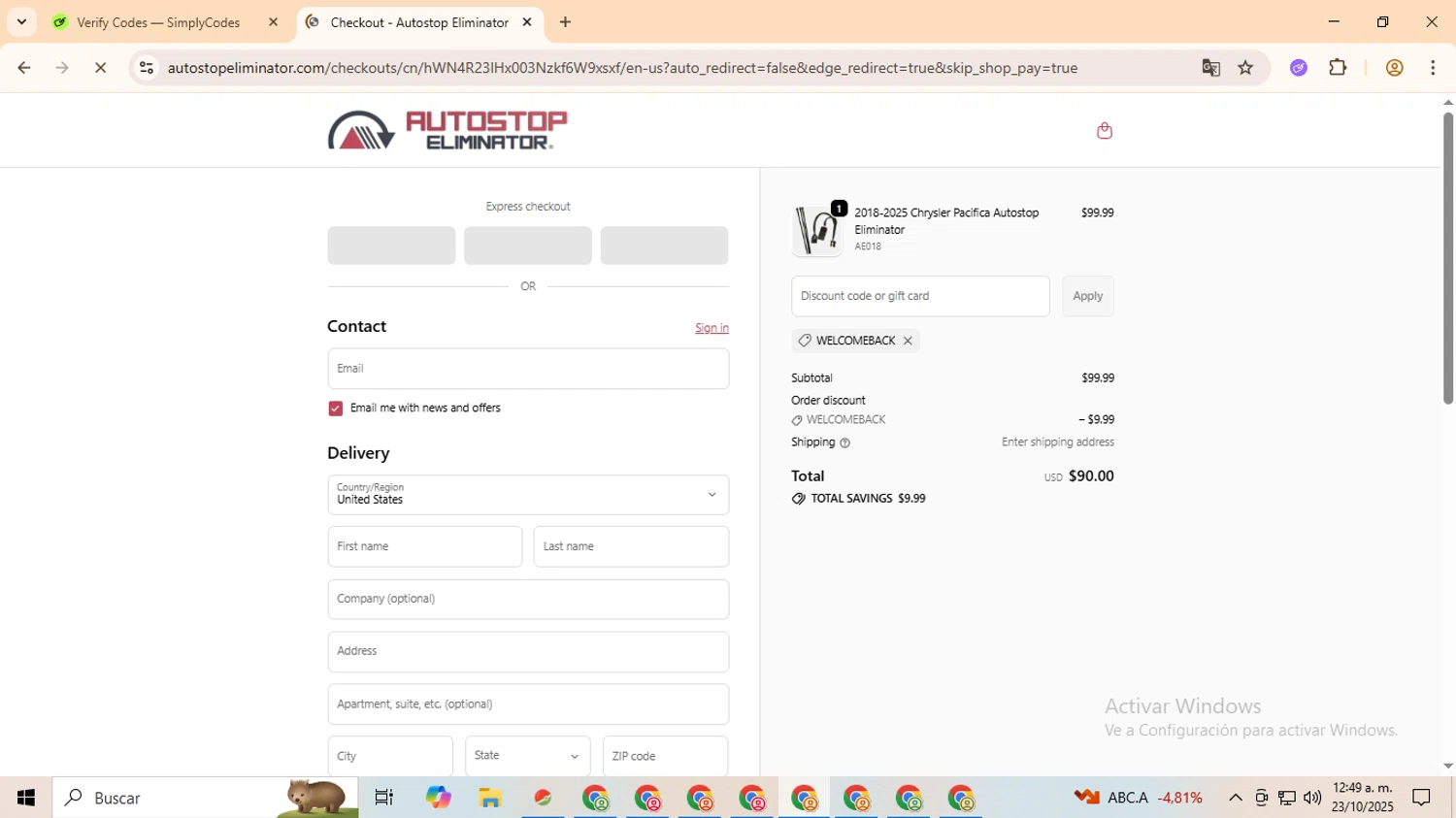 Autostop Eliminator discount code screenshot showing code WELCOMEBACK applied at Autostop Eliminator checkout page. Uploaded by SimplyCodes community member QuestOwl9632 on Oct 23, 2025