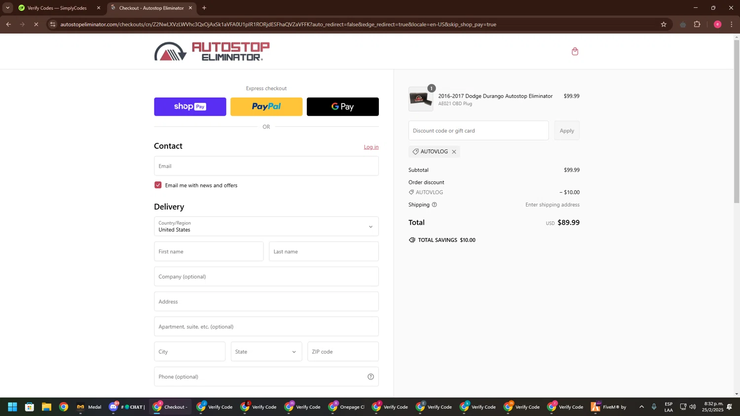 Autostop Eliminator discount code screenshot showing code AUTOVLOG applied at Autostop Eliminator checkout page. Uploaded by SimplyCodes community member TreasureWarden457 on Feb 26, 2025