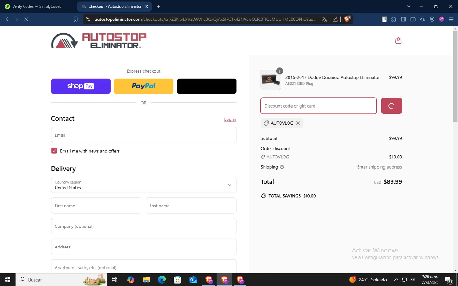 Autostop Eliminator discount code screenshot showing code AUTOVLOG applied at Autostop Eliminator checkout page. Uploaded by SimplyCodes community member TokenSaver1205 on Mar 27, 2025