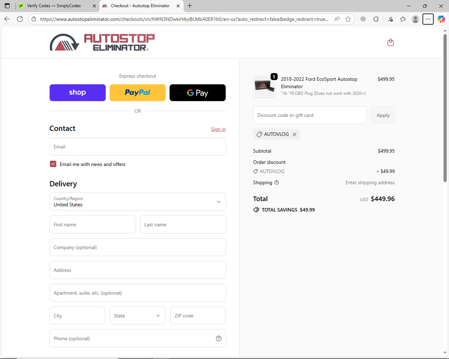 Autostop Eliminator discount code screenshot showing code AUTOVLOG applied at Autostop Eliminator checkout page. Uploaded by SimplyCodes community member jhoanDepp on Sep 25, 2025