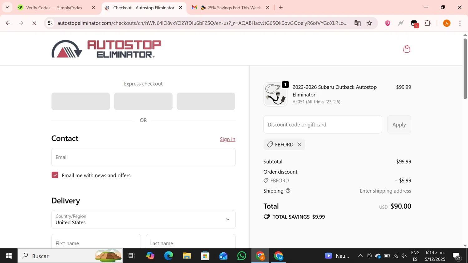 Autostop Eliminator discount code screenshot showing code FBFORD applied at Autostop Eliminator checkout page. Uploaded by SimplyCodes community member BrilliantPro4121 on Dec 5, 2025