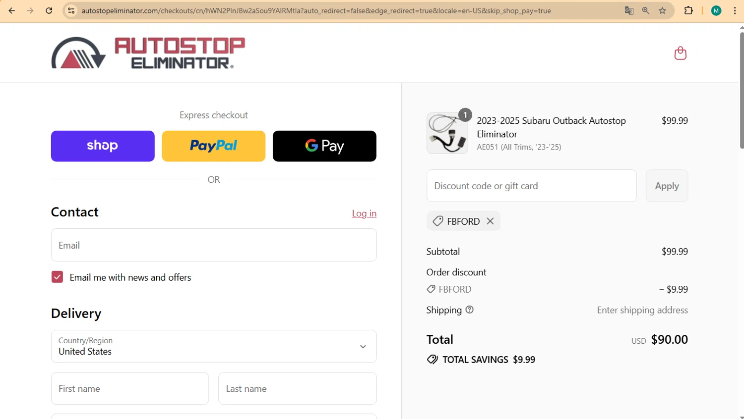 Autostop Eliminator discount code screenshot showing code FBFORD applied at Autostop Eliminator checkout page. Uploaded by SimplyCodes community member marco007 on Aug 30, 2025