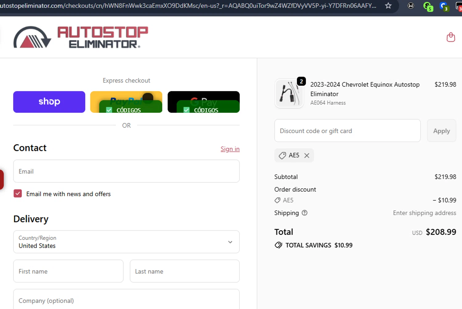 Autostop Eliminator discount code screenshot showing code AE5 applied at Autostop Eliminator checkout page. Uploaded by SimplyCodes community member Jmhernand1 on Jan 31, 2026