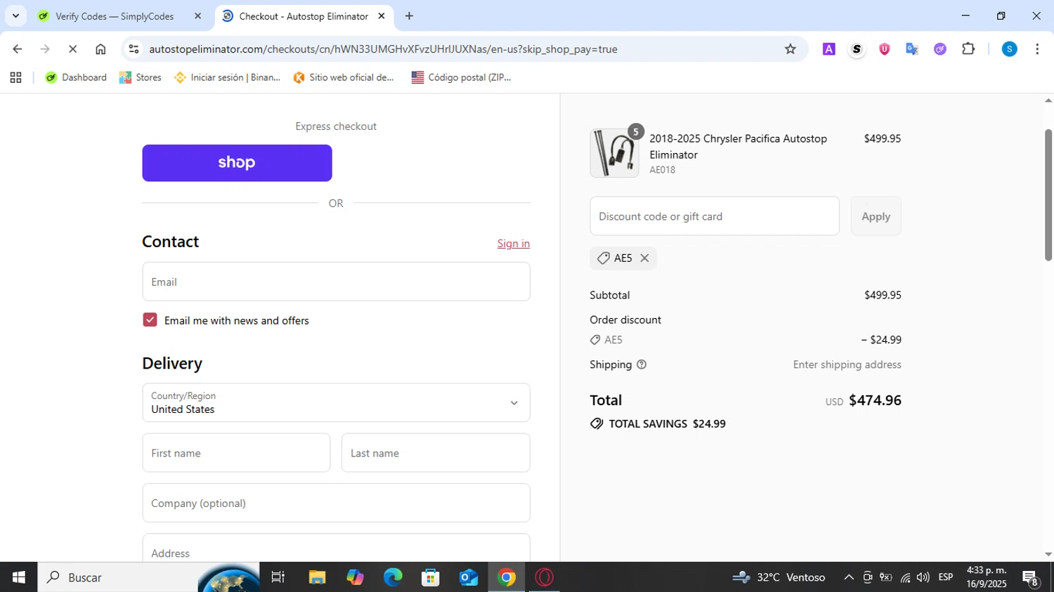 Autostop Eliminator discount code screenshot showing code AE5 applied at Autostop Eliminator checkout page. Uploaded by SimplyCodes community member Tsubaki on Sep 16, 2025