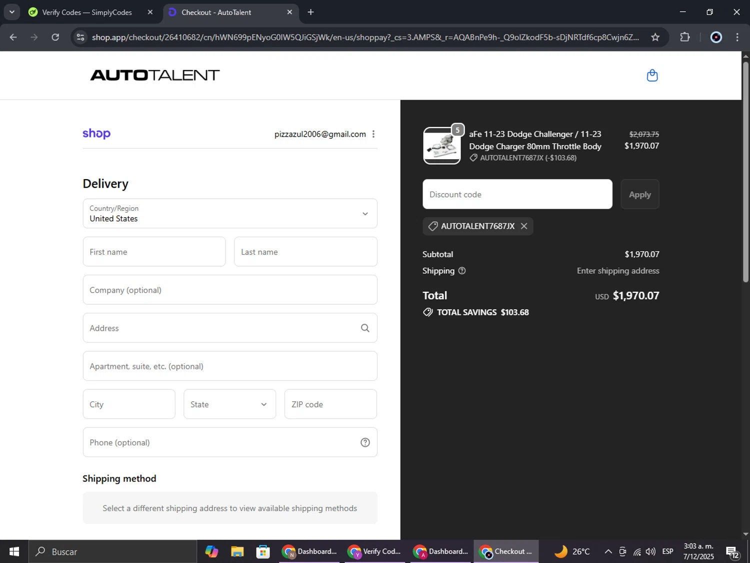 Auto Talent promo code screenshot showing code AutoTalent7687jx applied at Auto Talent checkout page. Uploaded by SimplyCodes community member RoyalBoss4384 on Dec 7, 2025