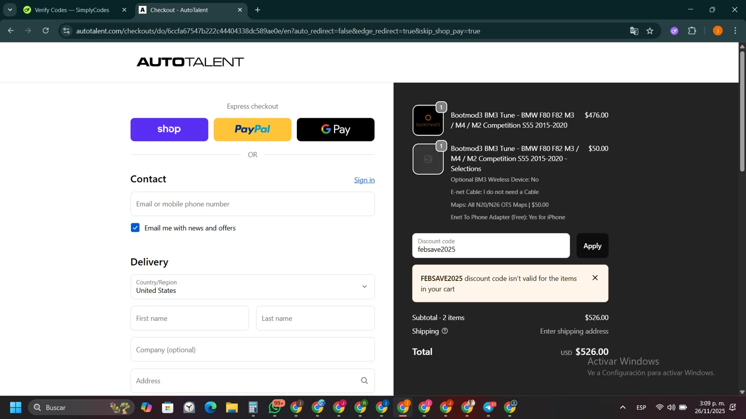 Auto Talent promo code screenshot showing code febsave2025 applied at Auto Talent checkout page. Uploaded by SimplyCodes community member SilverSentinel5952 on Nov 26, 2025