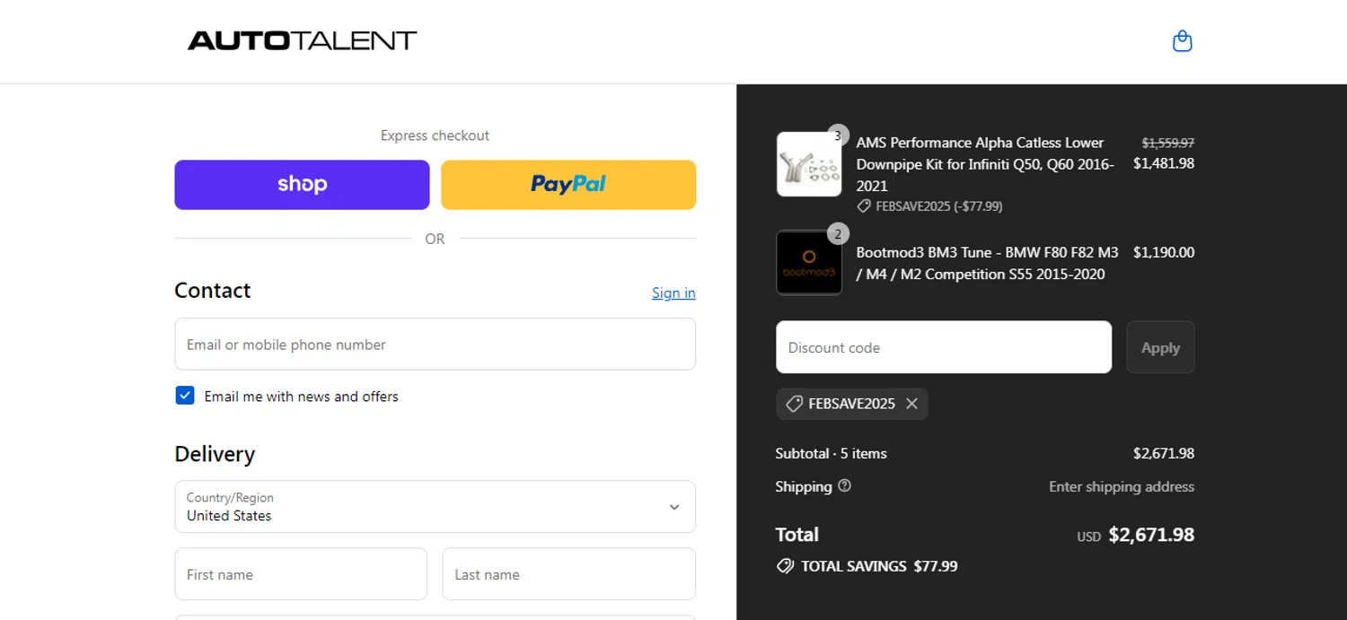 Auto Talent promo code screenshot showing code febsave2025 applied at Auto Talent checkout page. Uploaded by SimplyCodes community member obito1234 on Sep 13, 2025