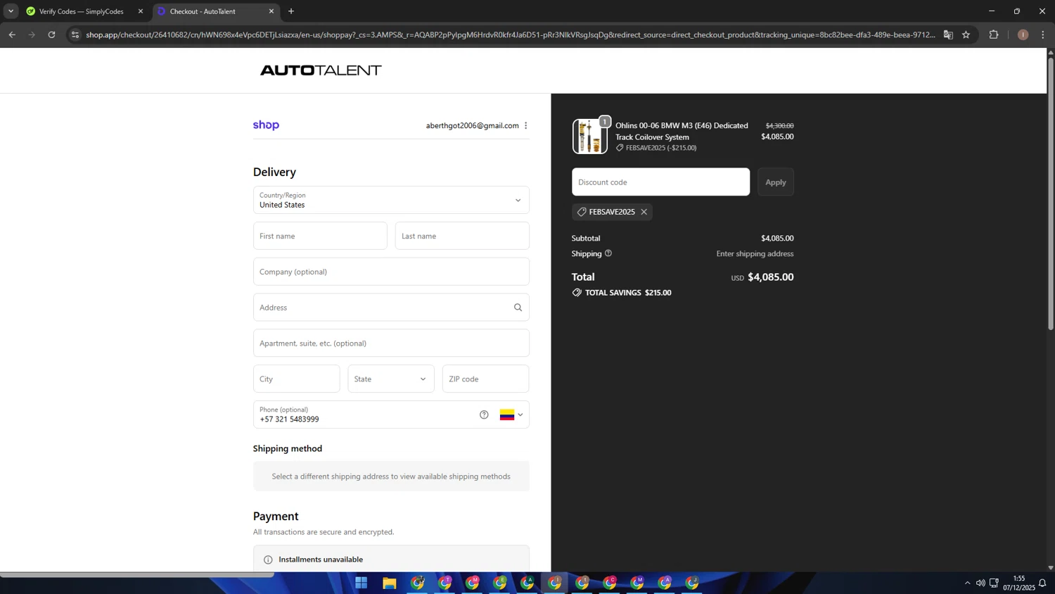 Auto Talent promo code screenshot showing code febsave2025 applied at Auto Talent checkout page. Uploaded by SimplyCodes community member pequenokalvin5 on Dec 7, 2025