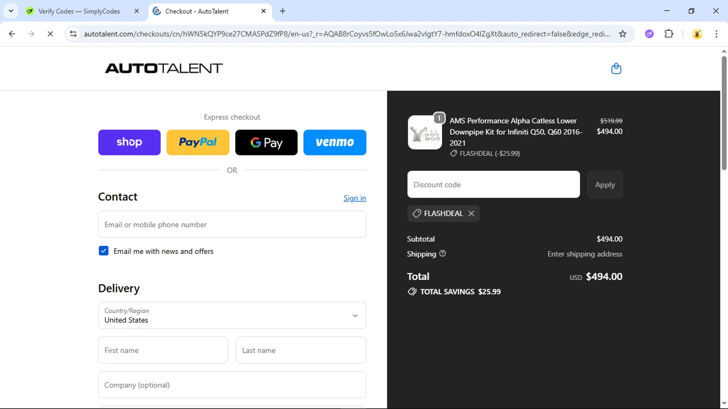 Auto Talent promo code screenshot showing code FLASHDEAL applied at Auto Talent checkout page. Uploaded by SimplyCodes community member GloriousSage2502 on Nov 26, 2025