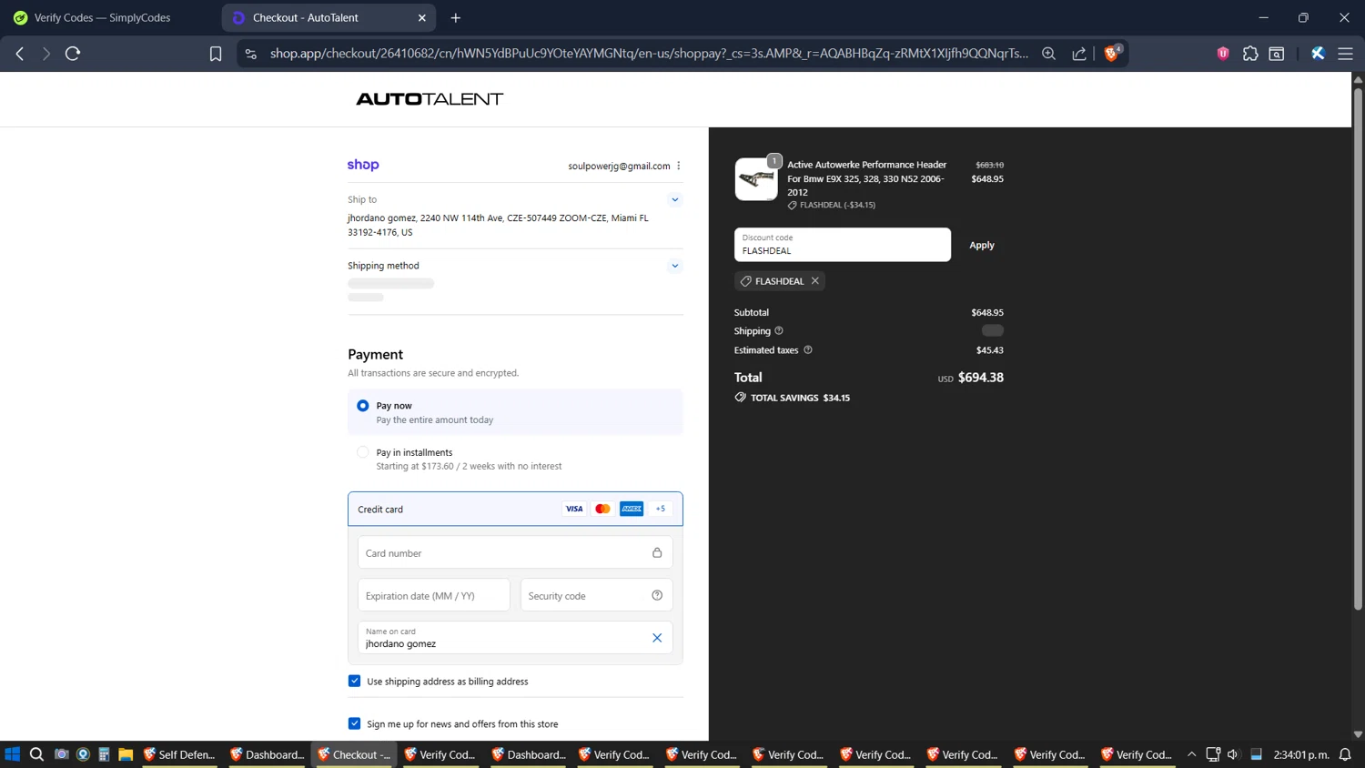 Auto Talent promo code screenshot showing code FLASHDEAL applied at Auto Talent checkout page. Uploaded by SimplyCodes community member Jgomez on Nov 21, 2025