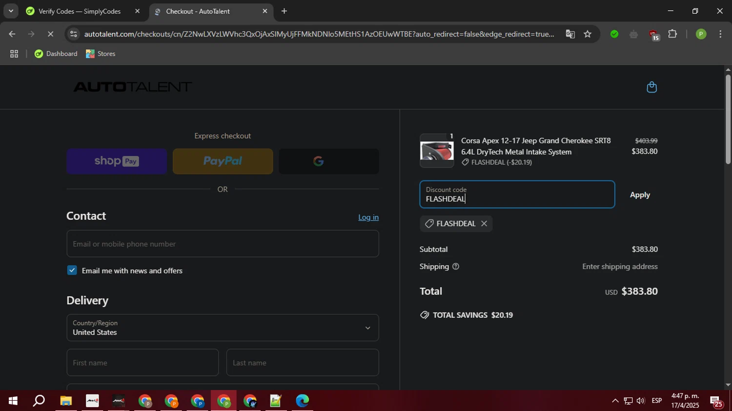 Auto Talent promo code screenshot showing code FLASHDEAL applied at Auto Talent checkout page. Uploaded by SimplyCodes community member FortunateTiger3302 on Apr 17, 2025