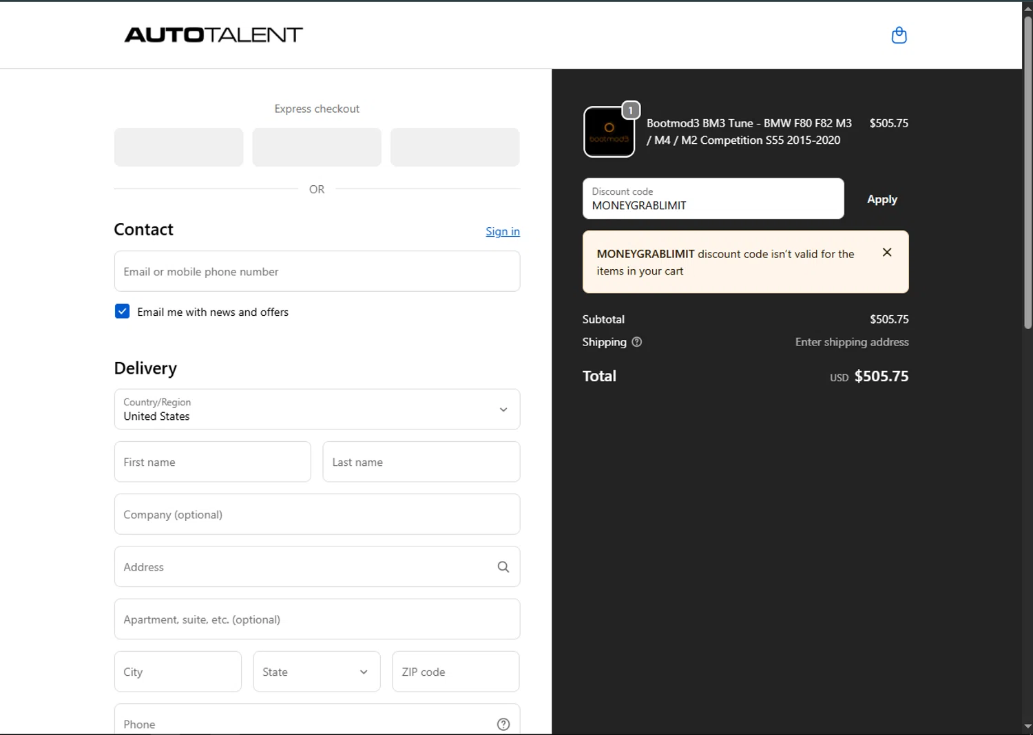 Auto Talent promo code screenshot showing code MONEYGRABLIMIT applied at Auto Talent checkout page. Uploaded by SimplyCodes community member MagnificentFalcon188 on Nov 22, 2025