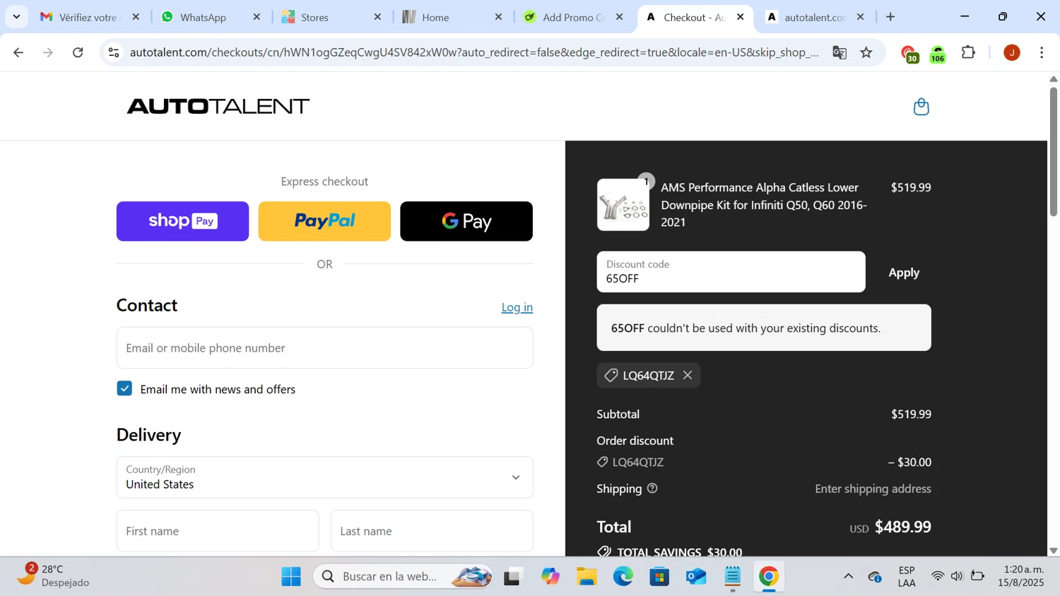 Auto Talent promo code screenshot showing code 65OFF applied at Auto Talent checkout page. Uploaded by SimplyCodes community member VictoriousSleuth2689 on Aug 15, 2025