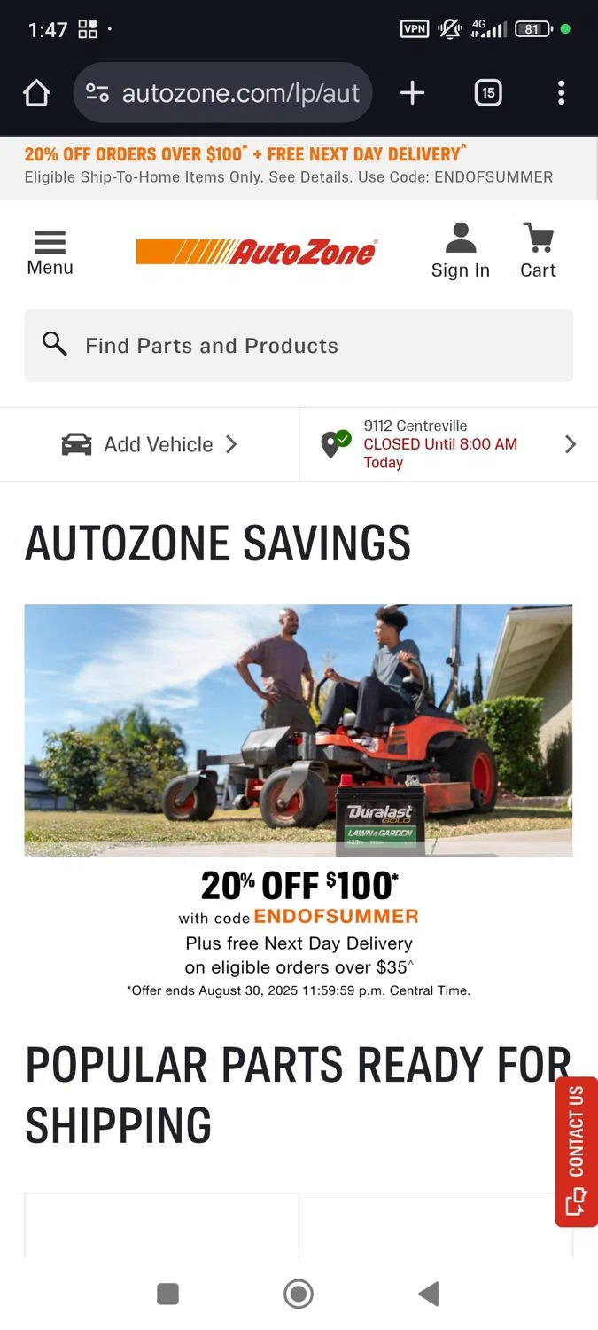 AutoZone promo code screenshot showing code ENDOFSUMMER applied at AutoZone checkout page. Uploaded by SimplyCodes community member ______ on Aug 24, 2025