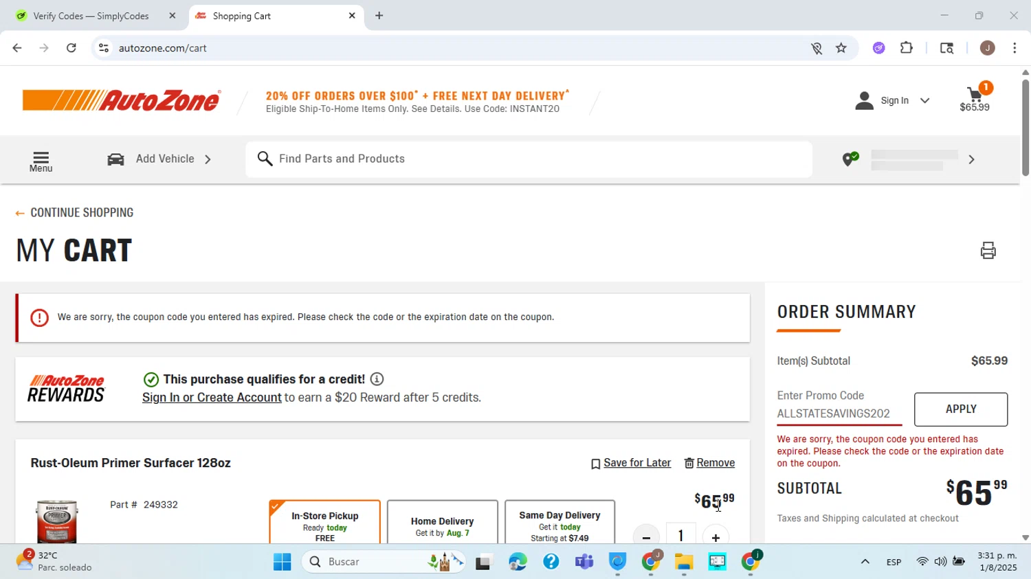 AutoZone promo code screenshot showing code ALLSTATESAVINGS2025 applied at AutoZone checkout page. Uploaded by SimplyCodes community member ABHF23 on Aug 1, 2025