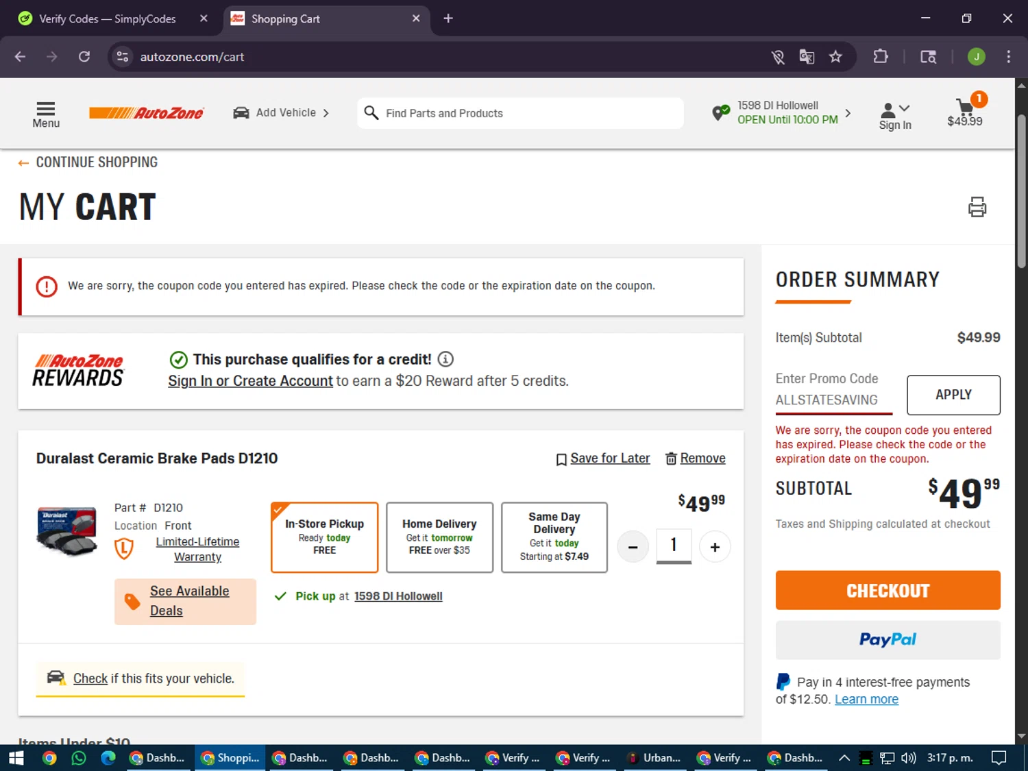 AutoZone promo code screenshot showing code ALLSTATESAVINGS2025 applied at AutoZone checkout page. Uploaded by SimplyCodes community member LilBaby on Aug 1, 2025