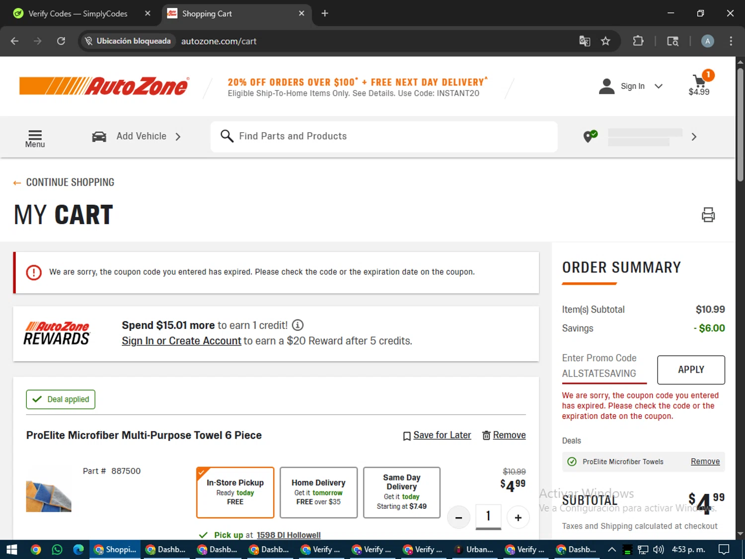 AutoZone promo code screenshot showing code ALLSTATESAVINGS2025 applied at AutoZone checkout page. Uploaded by SimplyCodes community member trippieredd on Aug 1, 2025