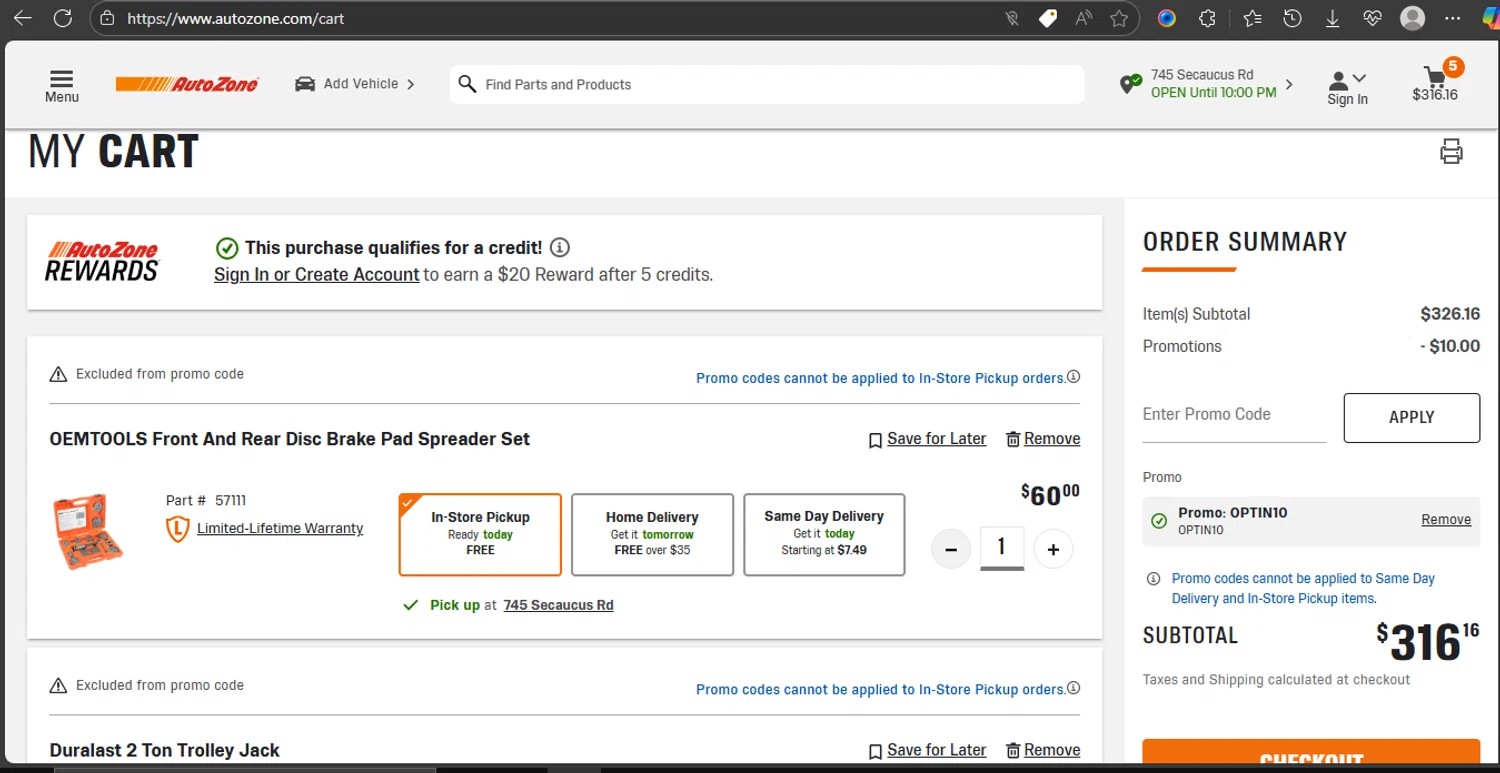 AutoZone promo code screenshot showing code OPTIN10 applied at AutoZone checkout page. Uploaded by SimplyCodes community member omardaal on Aug 6, 2025