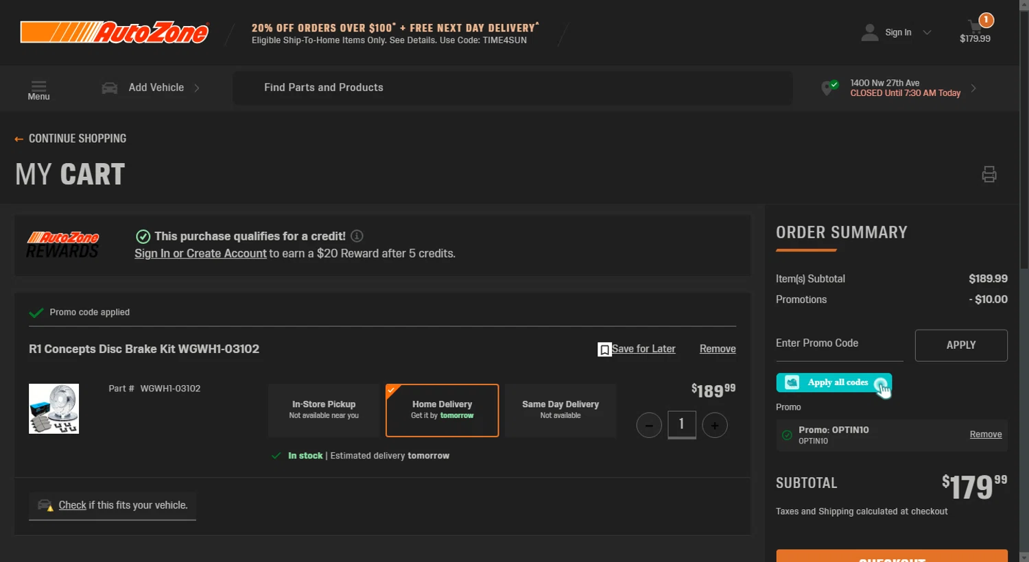 AutoZone promo code screenshot showing code OPTIN10 applied at AutoZone checkout page. Uploaded by SimplyCodes community member tony2702 on Aug 15, 2025