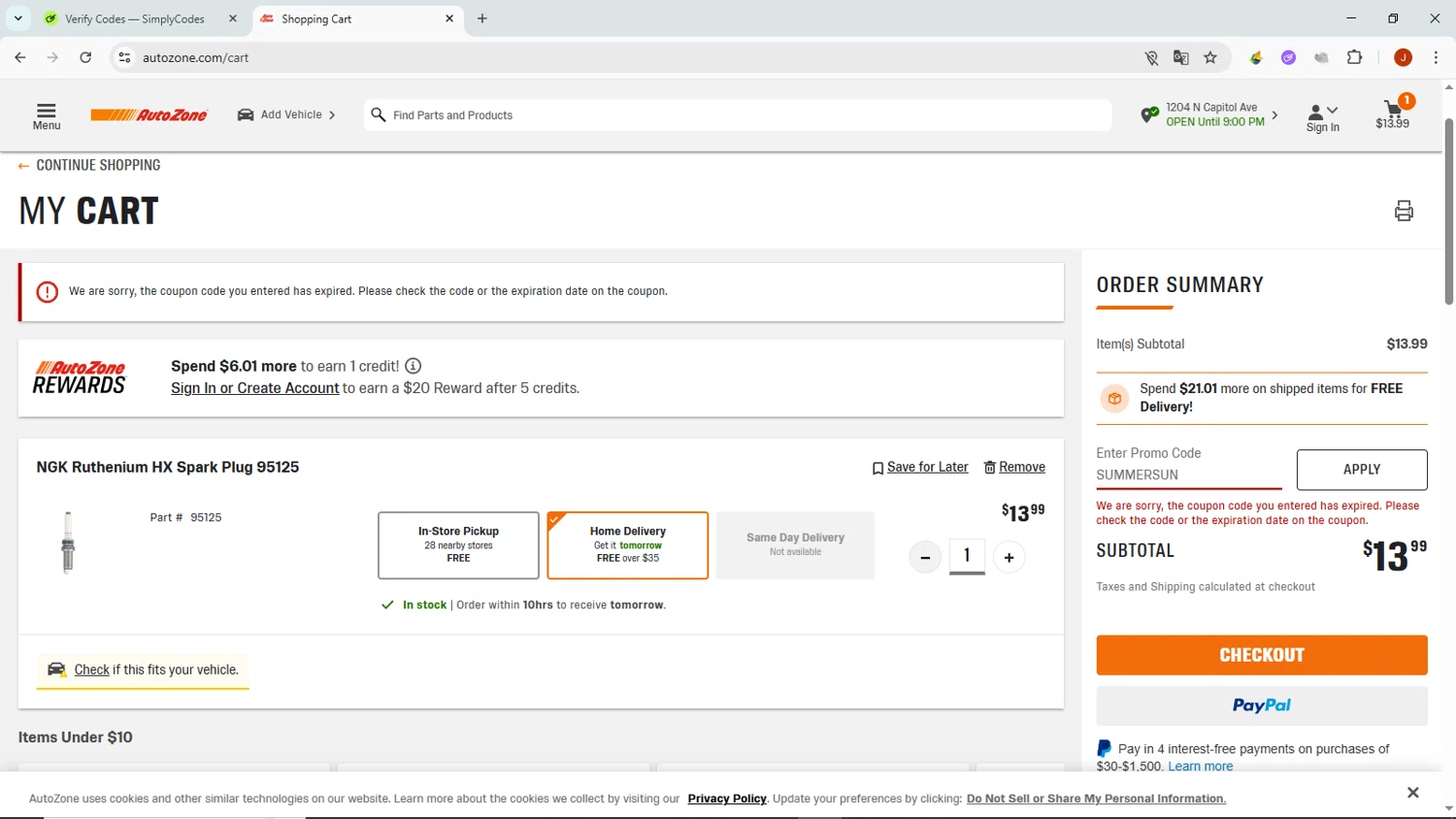 AutoZone promo code screenshot showing code SUMMERSUN applied at AutoZone checkout page. Uploaded by SimplyCodes community member NobleMaven802 on Jul 28, 2025