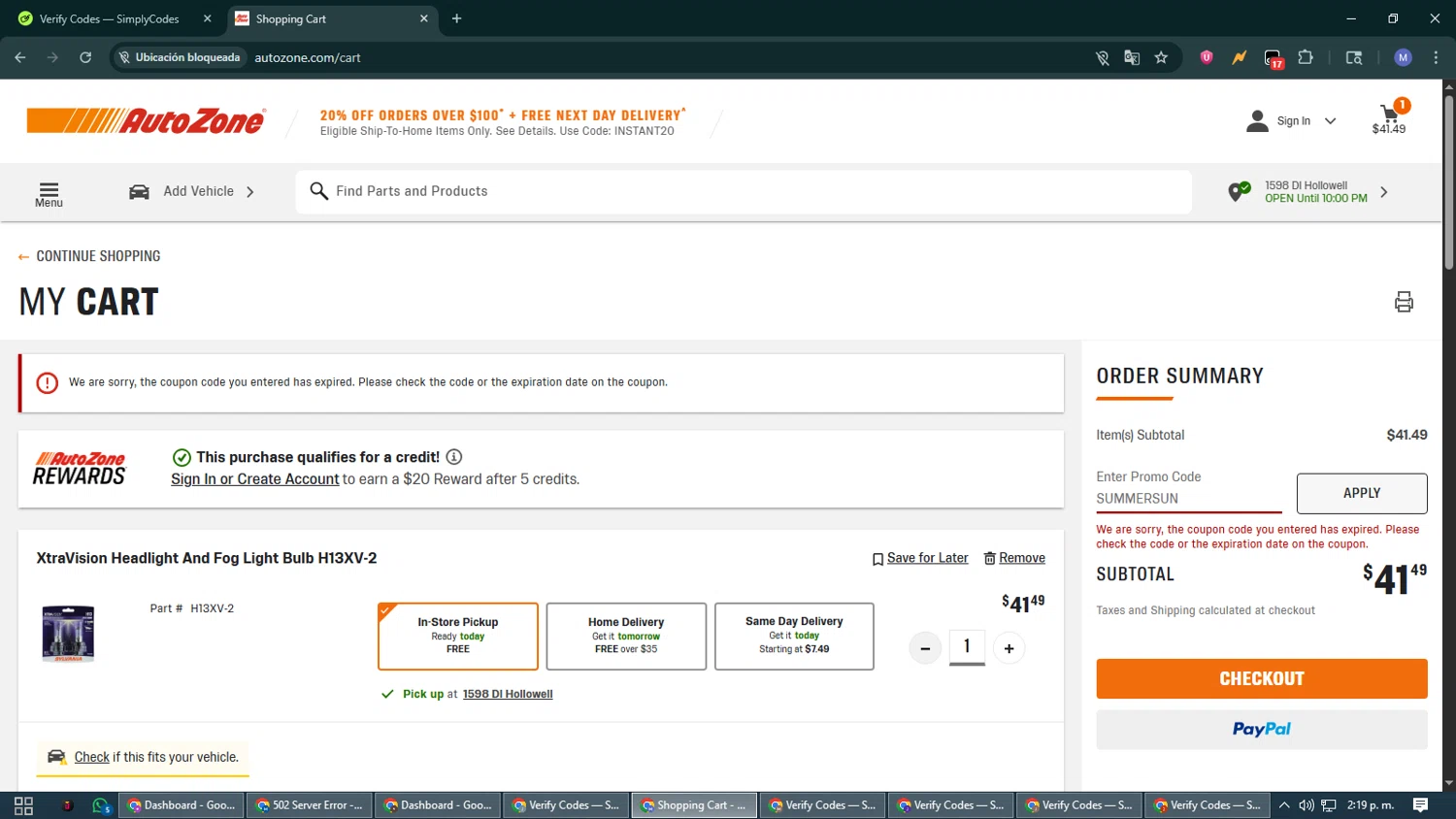AutoZone promo code screenshot showing code SUMMERSUN applied at AutoZone checkout page. Uploaded by SimplyCodes community member VoucherCurator824 on Jul 28, 2025
