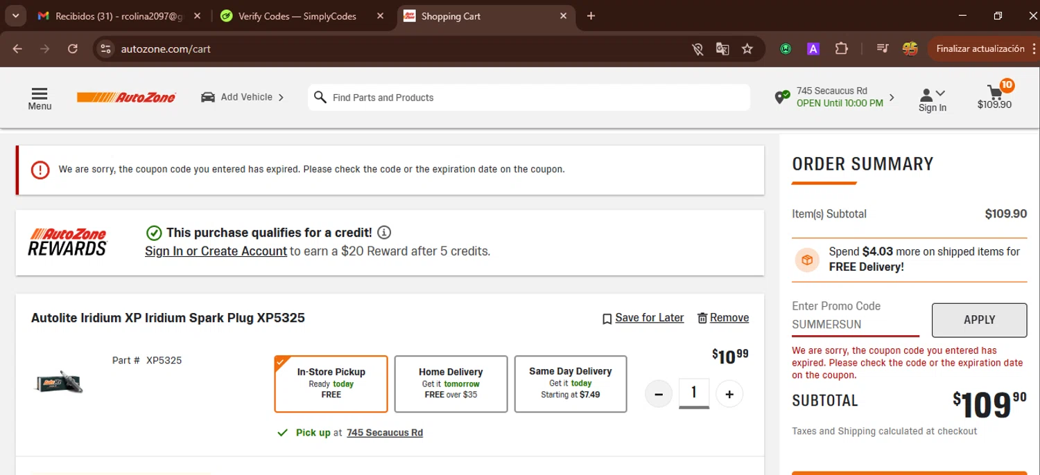 AutoZone promo code screenshot showing code SUMMERSUN applied at AutoZone checkout page. Uploaded by SimplyCodes community member WonderWarden594 on Jul 28, 2025