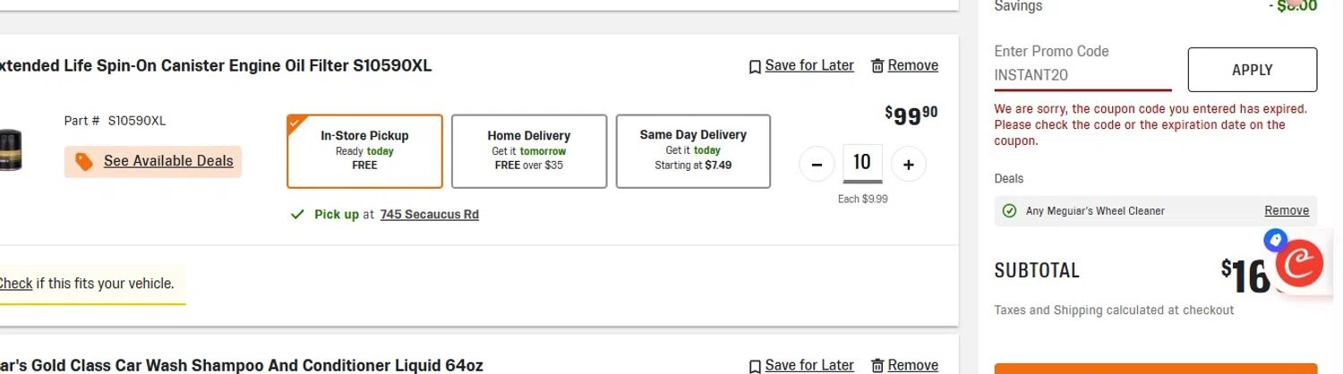 AutoZone promo code screenshot showing code INSTANT20 applied at AutoZone checkout page. Uploaded by SimplyCodes community member TheQueenoftheRoyalty on Aug 5, 2025