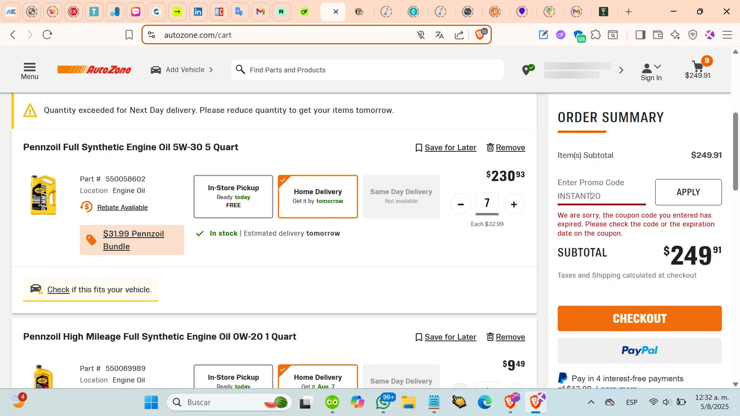 AutoZone promo code screenshot showing code INSTANT20 applied at AutoZone checkout page. Uploaded by SimplyCodes community member cosita on Aug 5, 2025