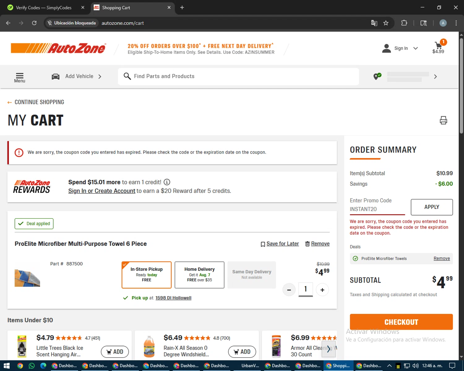 AutoZone promo code screenshot showing code INSTANT20 applied at AutoZone checkout page. Uploaded by SimplyCodes community member trippieredd on Aug 5, 2025
