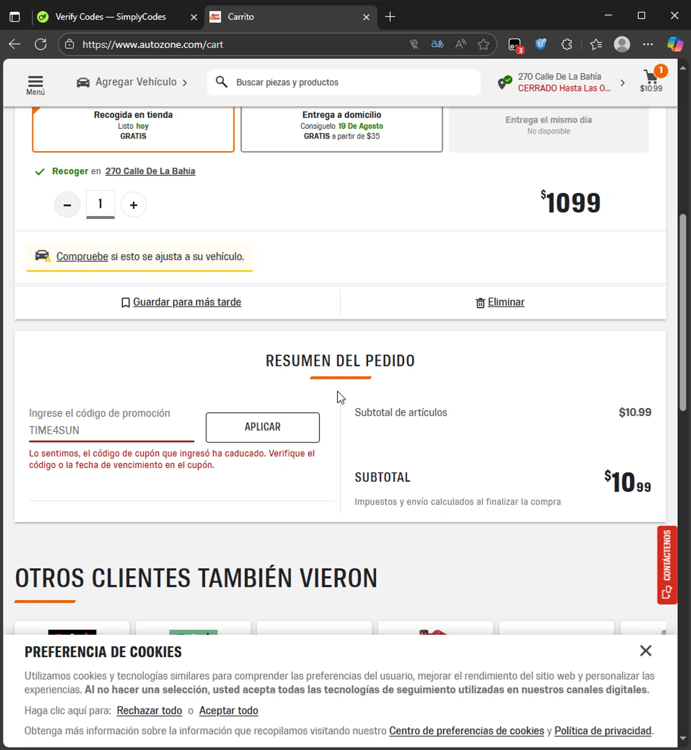 AutoZone promo code screenshot showing code TIME4SUN applied at AutoZone checkout page. Uploaded by SimplyCodes community member CleverAce742 on Aug 18, 2025