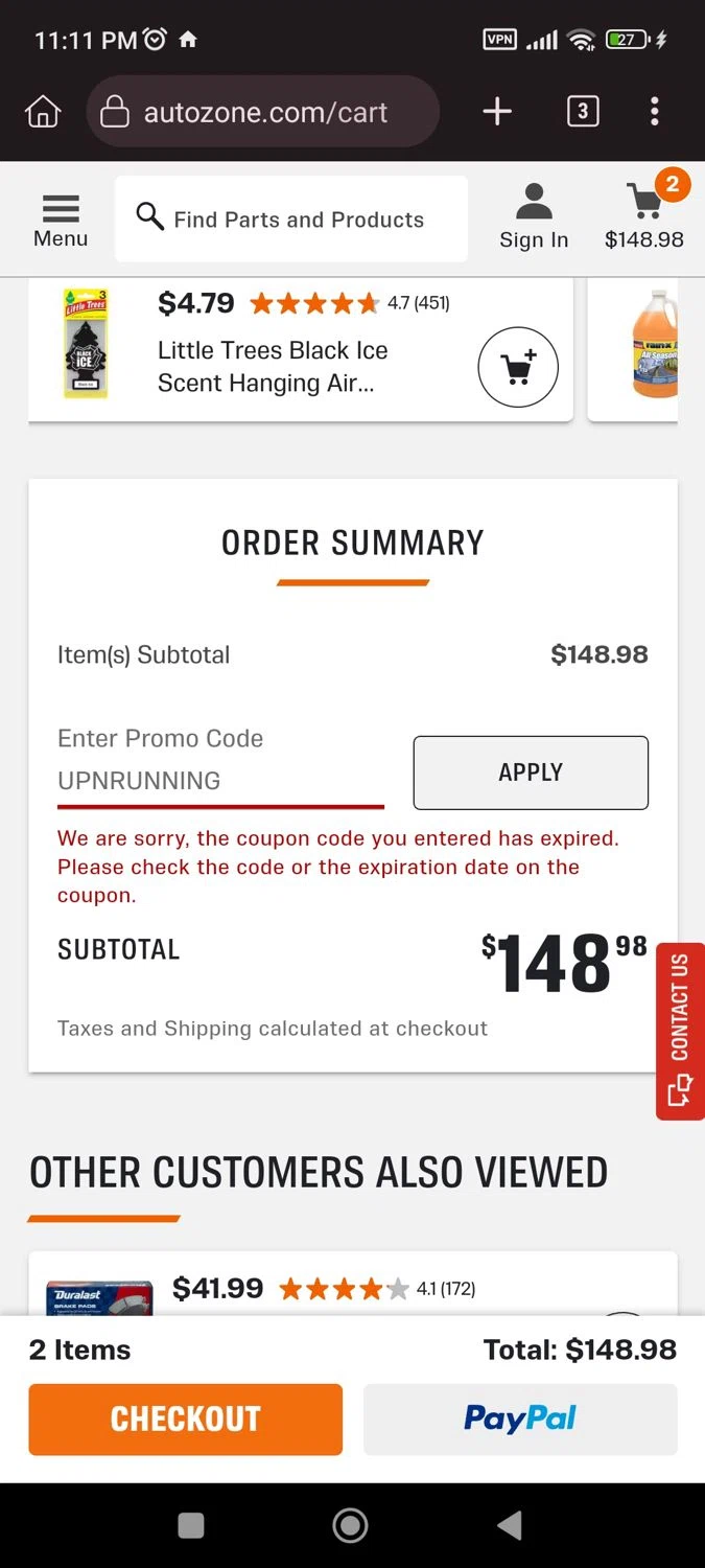 AutoZone promo code screenshot showing code UPNRUNNING applied at AutoZone checkout page. Uploaded by SimplyCodes community member CrownLion2750 on Aug 27, 2025