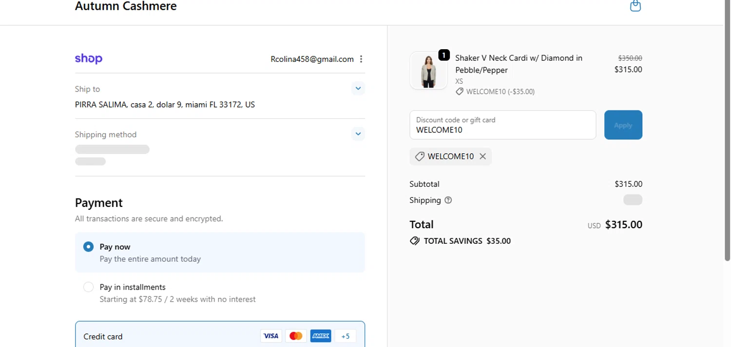 Autumn Cashmere promo code screenshot showing code WELCOME10 applied at Autumn Cashmere checkout page. Uploaded by SimplyCodes community member Acidwire on Oct 10, 2025