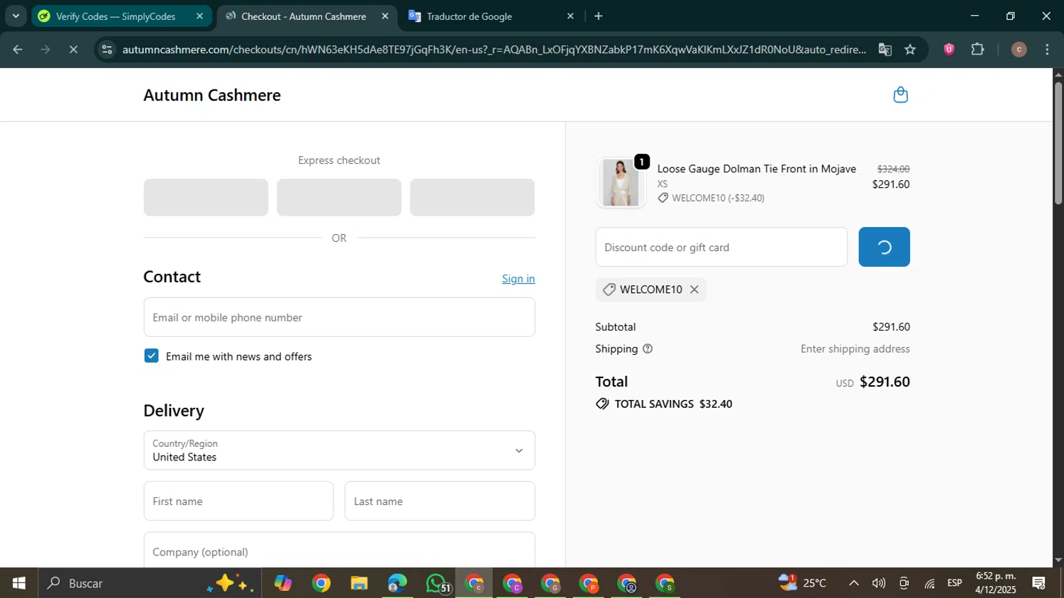 Autumn Cashmere promo code screenshot showing code WELCOME10 applied at Autumn Cashmere checkout page. Uploaded by SimplyCodes community member NobleExpert6497 on Dec 4, 2025