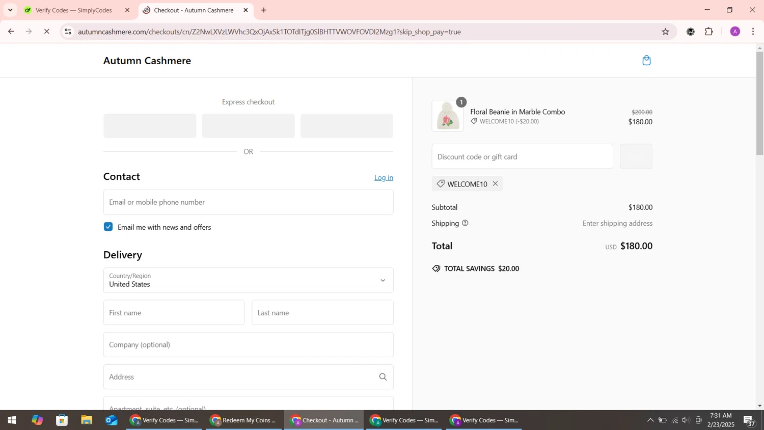 Autumn Cashmere promo code screenshot showing code WELCOME10 applied at Autumn Cashmere checkout page. Uploaded by SimplyCodes community member ShrewdMaverick9198 on Feb 23, 2025