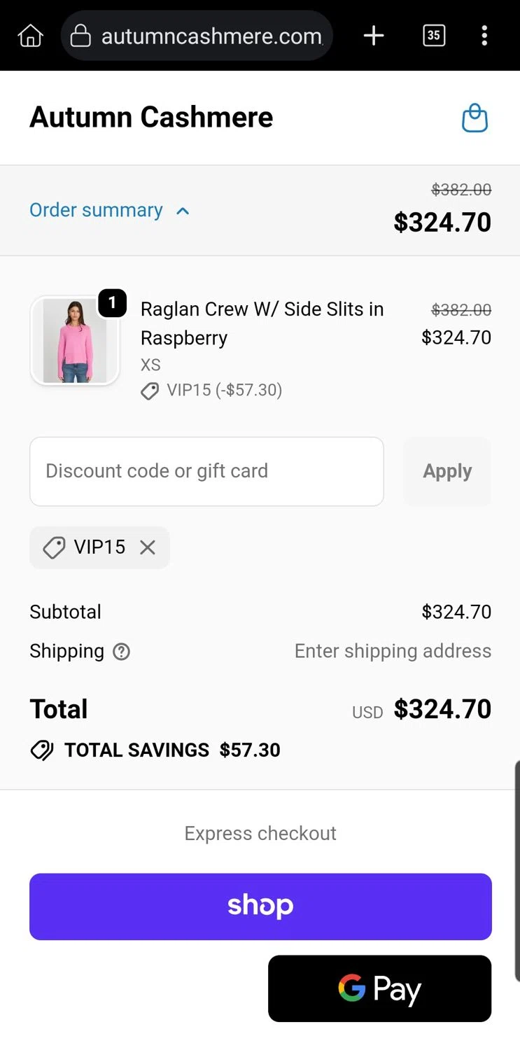 Autumn Cashmere promo code screenshot showing code VIP15 applied at Autumn Cashmere checkout page. Uploaded by SimplyCodes community member Carloslvz on Dec 4, 2025