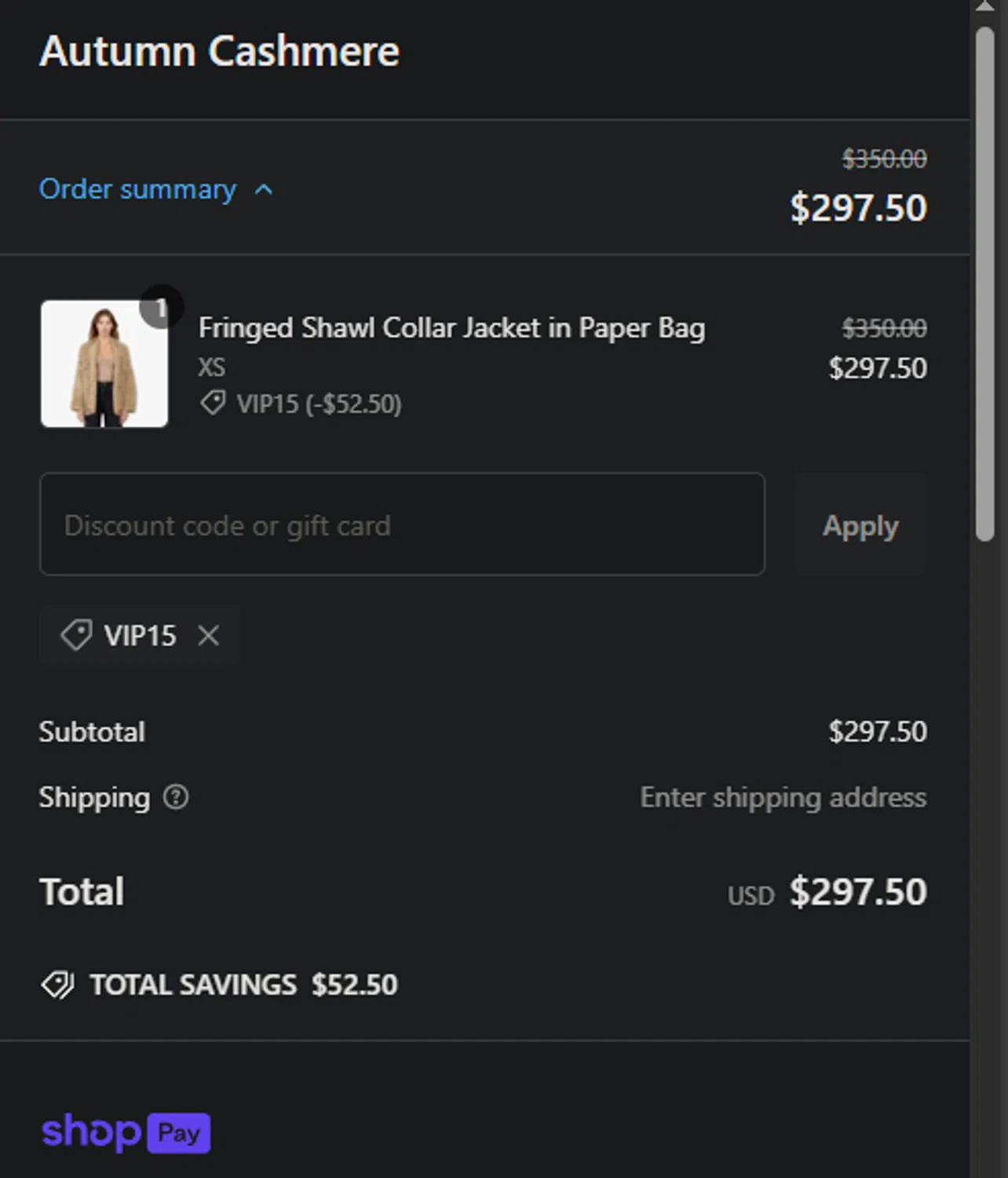 Autumn Cashmere promo code screenshot showing code VIP15 applied at Autumn Cashmere checkout page. Uploaded by SimplyCodes community member Gianpiero on Jan 26, 2025