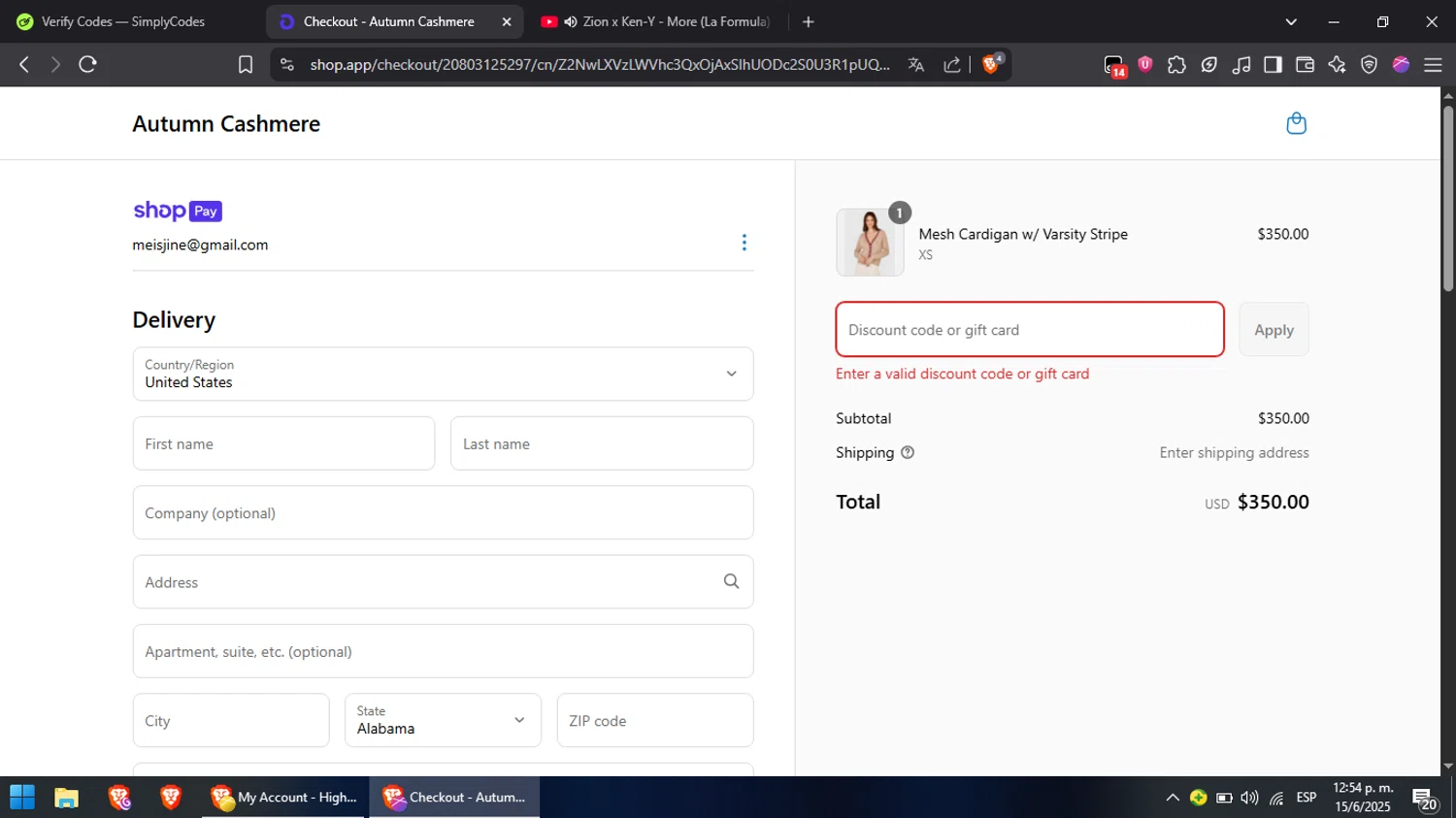 Autumn Cashmere promo code screenshot showing code md25 applied at Autumn Cashmere checkout page. Uploaded by SimplyCodes community member Chinito0209 on Jun 15, 2025