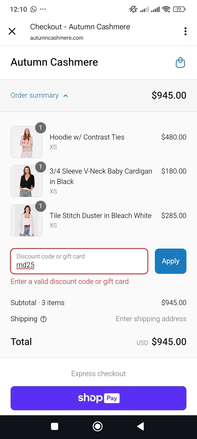 Autumn Cashmere promo code screenshot showing code md25 applied at Autumn Cashmere checkout page. Uploaded by SimplyCodes community member SalvadorC1 on Jun 15, 2025