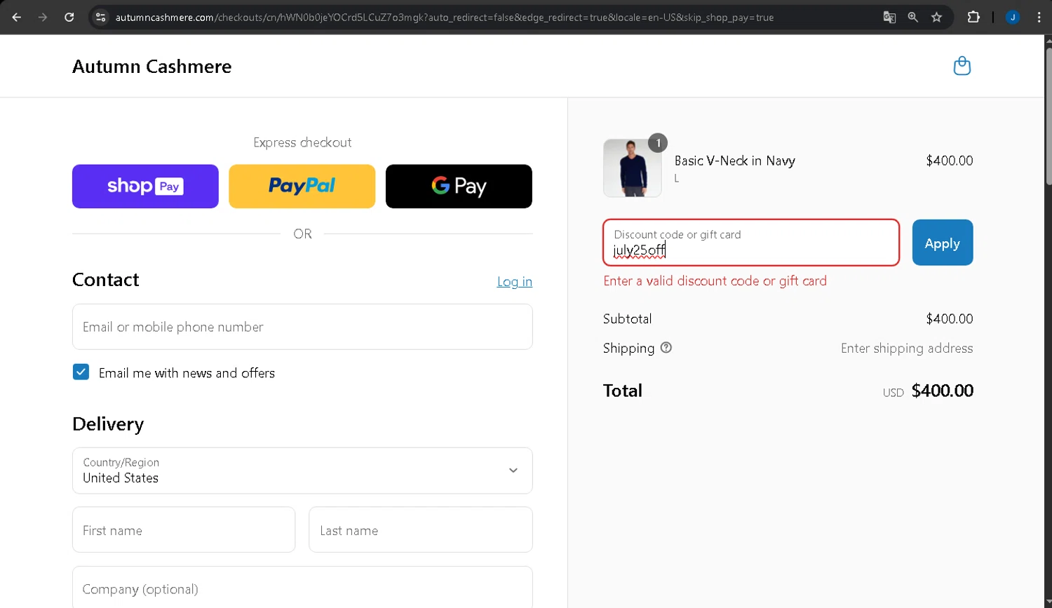 Autumn Cashmere promo code screenshot showing code july25off applied at Autumn Cashmere checkout page. Uploaded by SimplyCodes community member LegendarySage5106 on Jul 14, 2025
