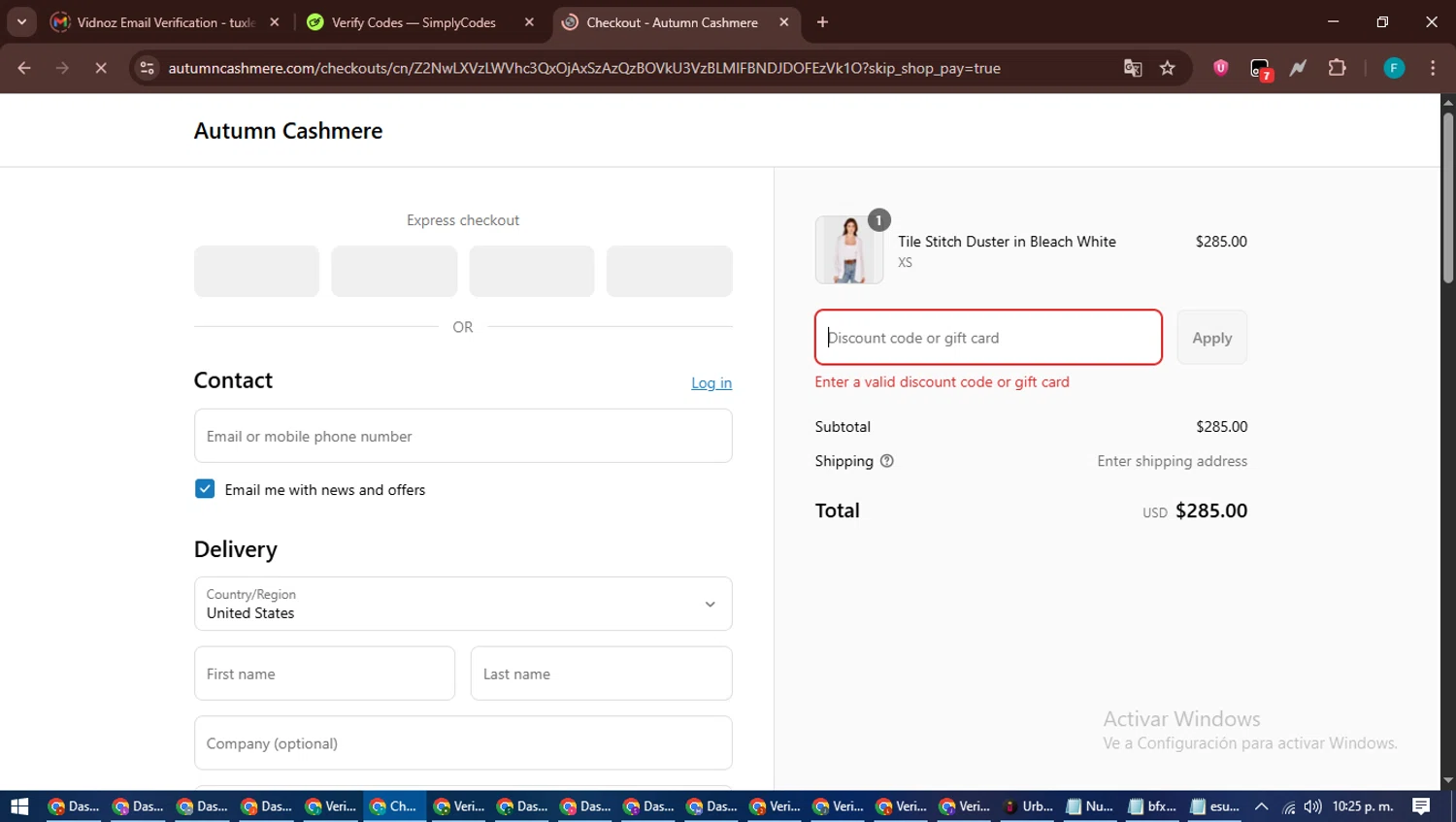 Autumn Cashmere promo code screenshot showing code july25off applied at Autumn Cashmere checkout page. Uploaded by SimplyCodes community member ShrewdTitan3233 on Jul 14, 2025