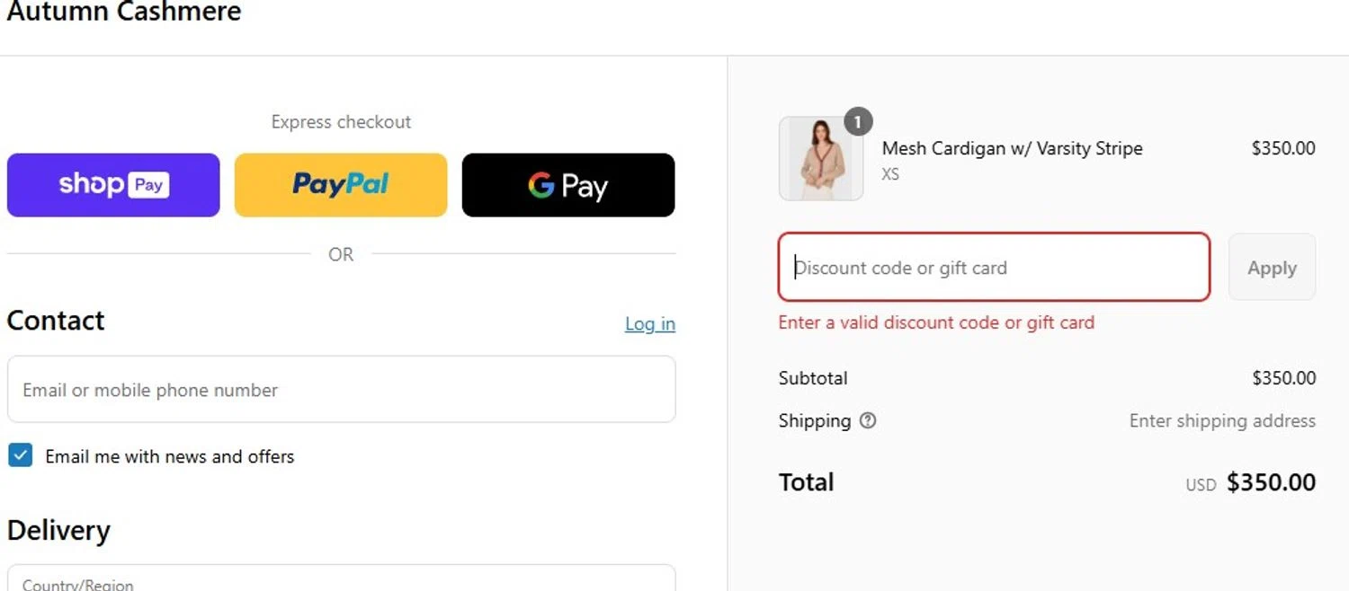 Autumn Cashmere promo code screenshot showing code july25off applied at Autumn Cashmere checkout page. Uploaded by SimplyCodes community member Olorinnnnn on Jul 14, 2025