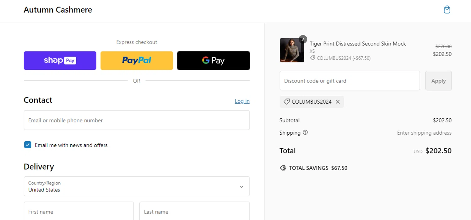 Autumn Cashmere promo code screenshot showing code Columbus2024 applied at Autumn Cashmere checkout page. Uploaded by SimplyCodes community member peachee on Oct 13, 2024