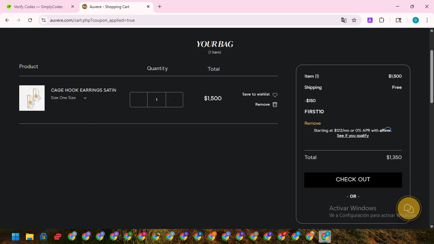 Auvere promo code screenshot showing code FIRST10 applied at Auvere checkout page. Uploaded by SimplyCodes community member ShrewdTracker5871 on May 24, 2025
