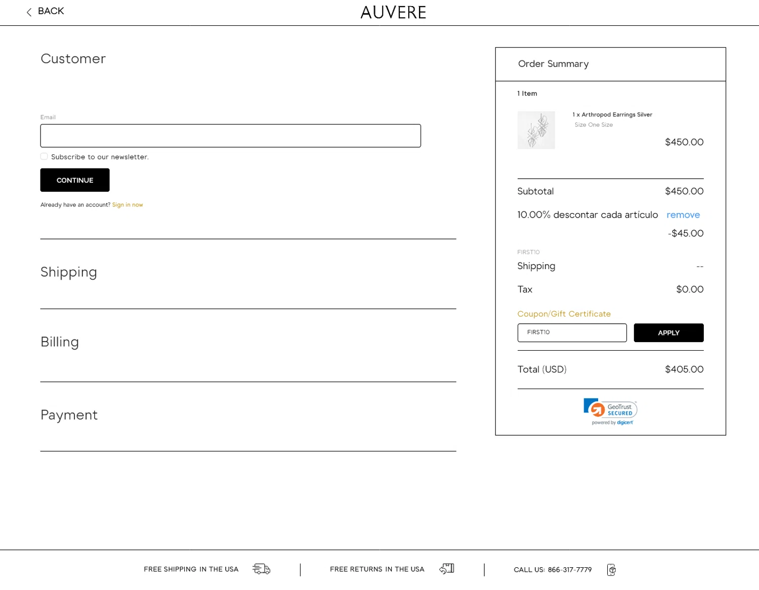 Auvere checkout page showing Auvere promo code box | Screenshot taken by SimplyCodes community member on Oct 2, 2024