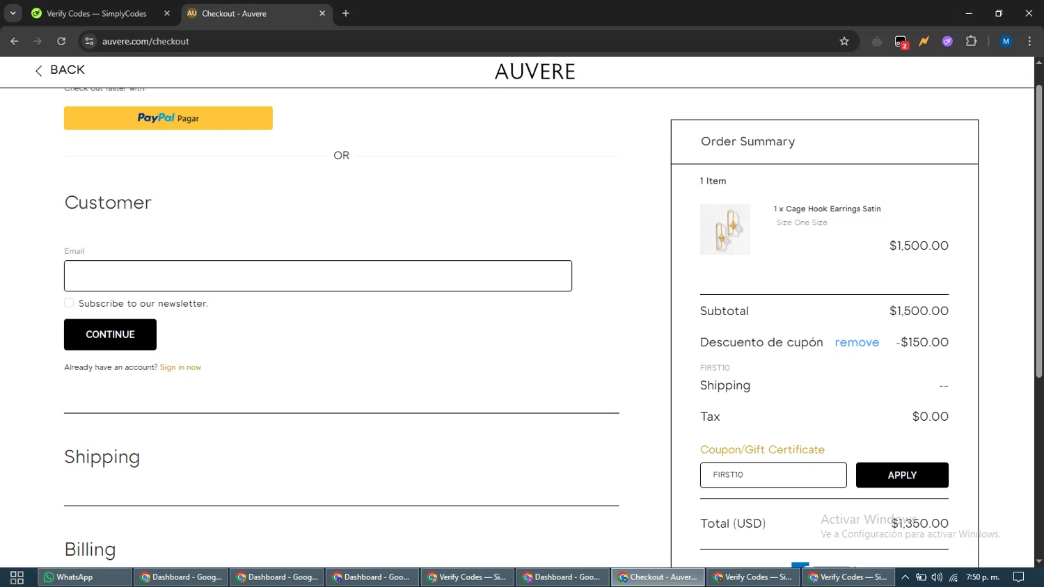 Auvere promo code screenshot showing code FIRST10 applied at Auvere checkout page. Uploaded by SimplyCodes community member EpicVoyager2820 on May 17, 2025