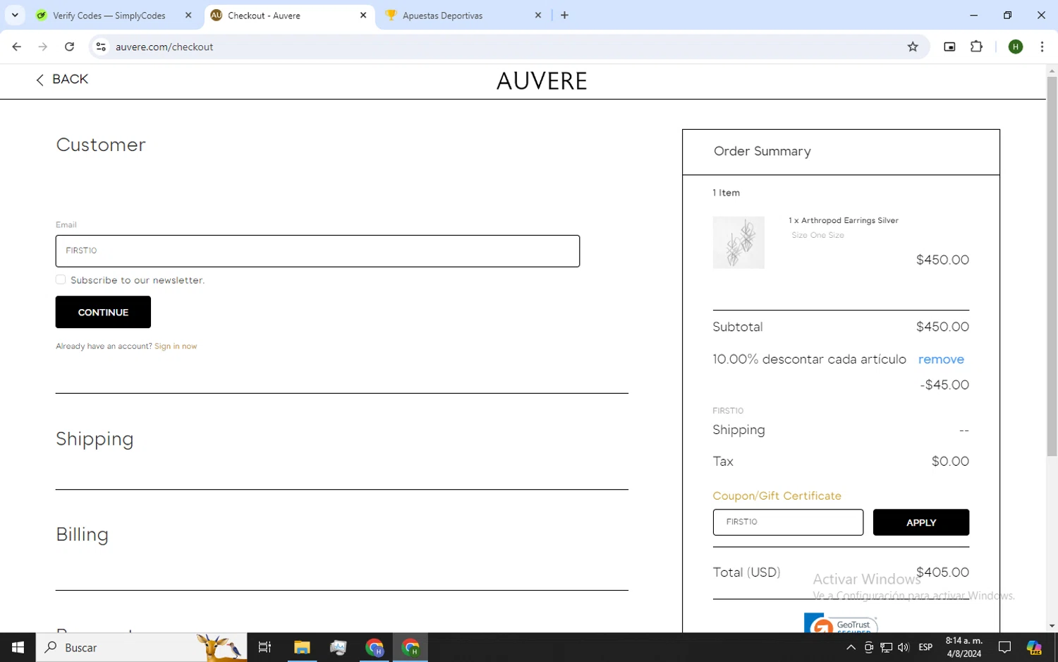 Auvere checkout page showing Auvere promo code box | Screenshot taken by SimplyCodes community member on Aug 4, 2024